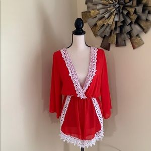 Red and white plunge neck short Romper